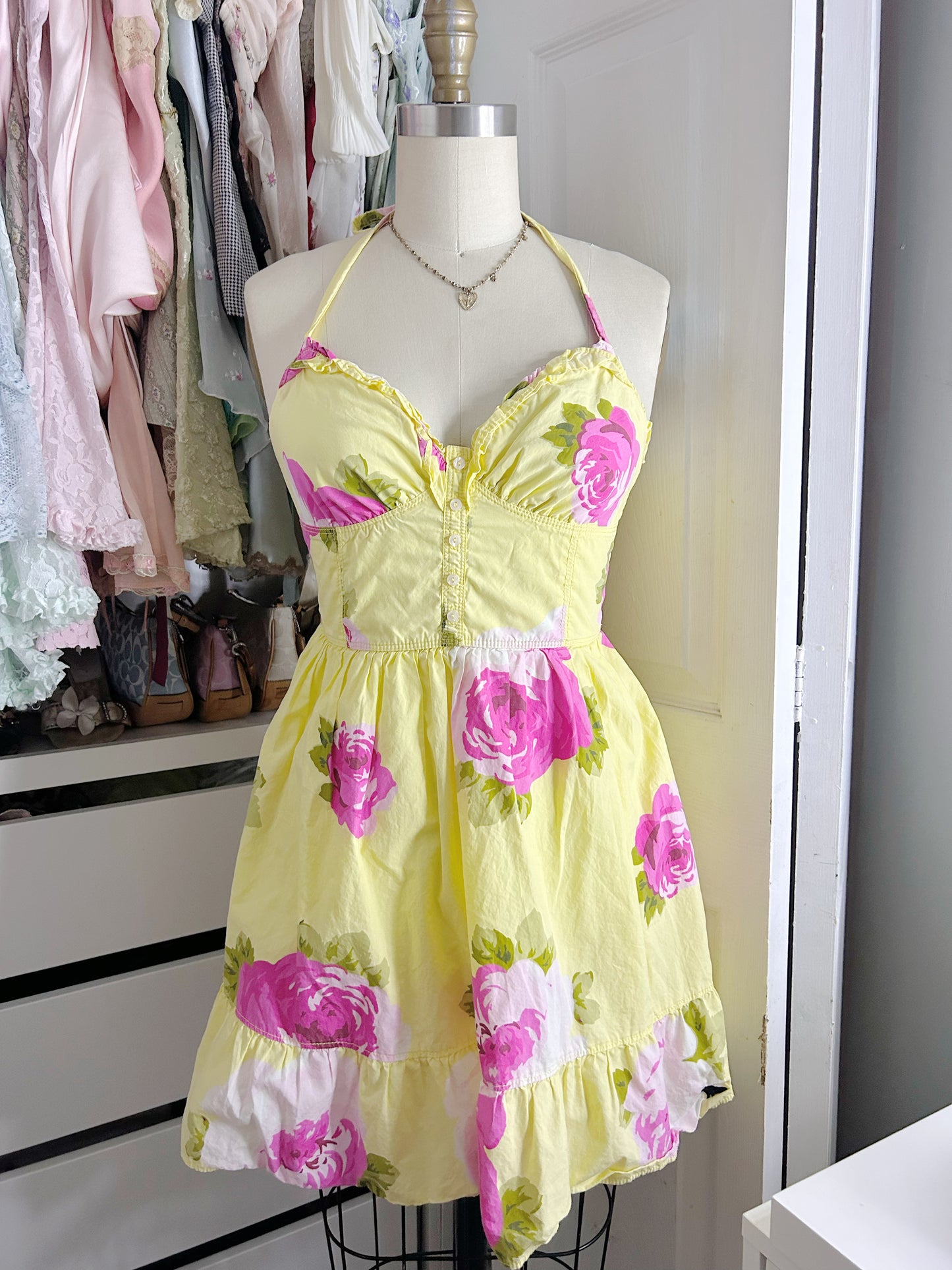 Vintage Abercrombie & Fitch Yellow Floral Halter Dress