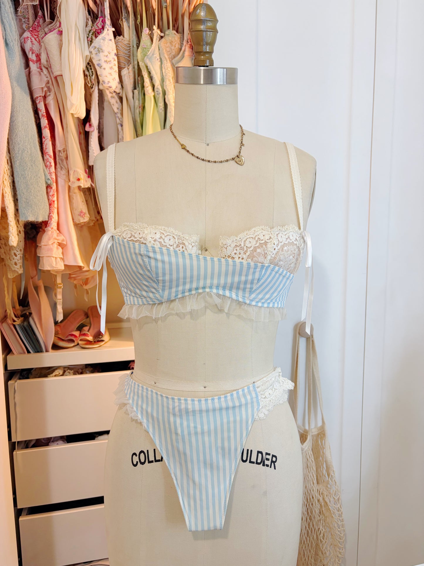 Designer Chantal Thomass Pin stripe blue Bra Set