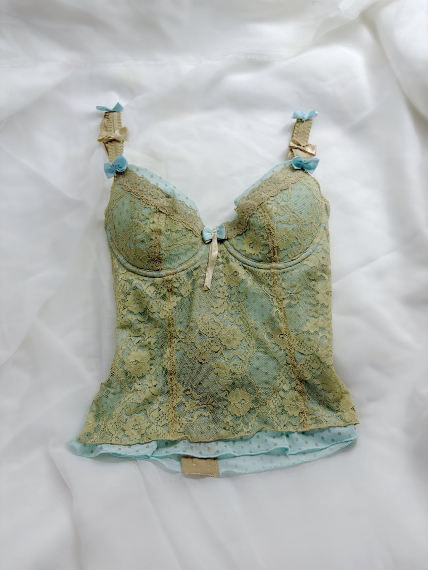 Vintage Mint Blue and Brown Polka Dot Top