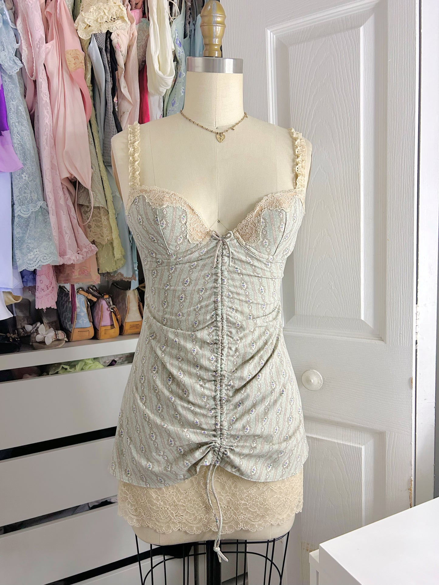 Chantal Thomass VS Green Cream Slip Dress