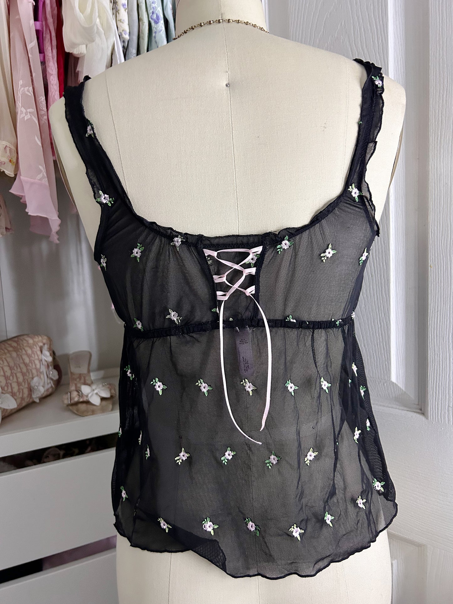 Black VS Floral Mesh Milkmaid Cami