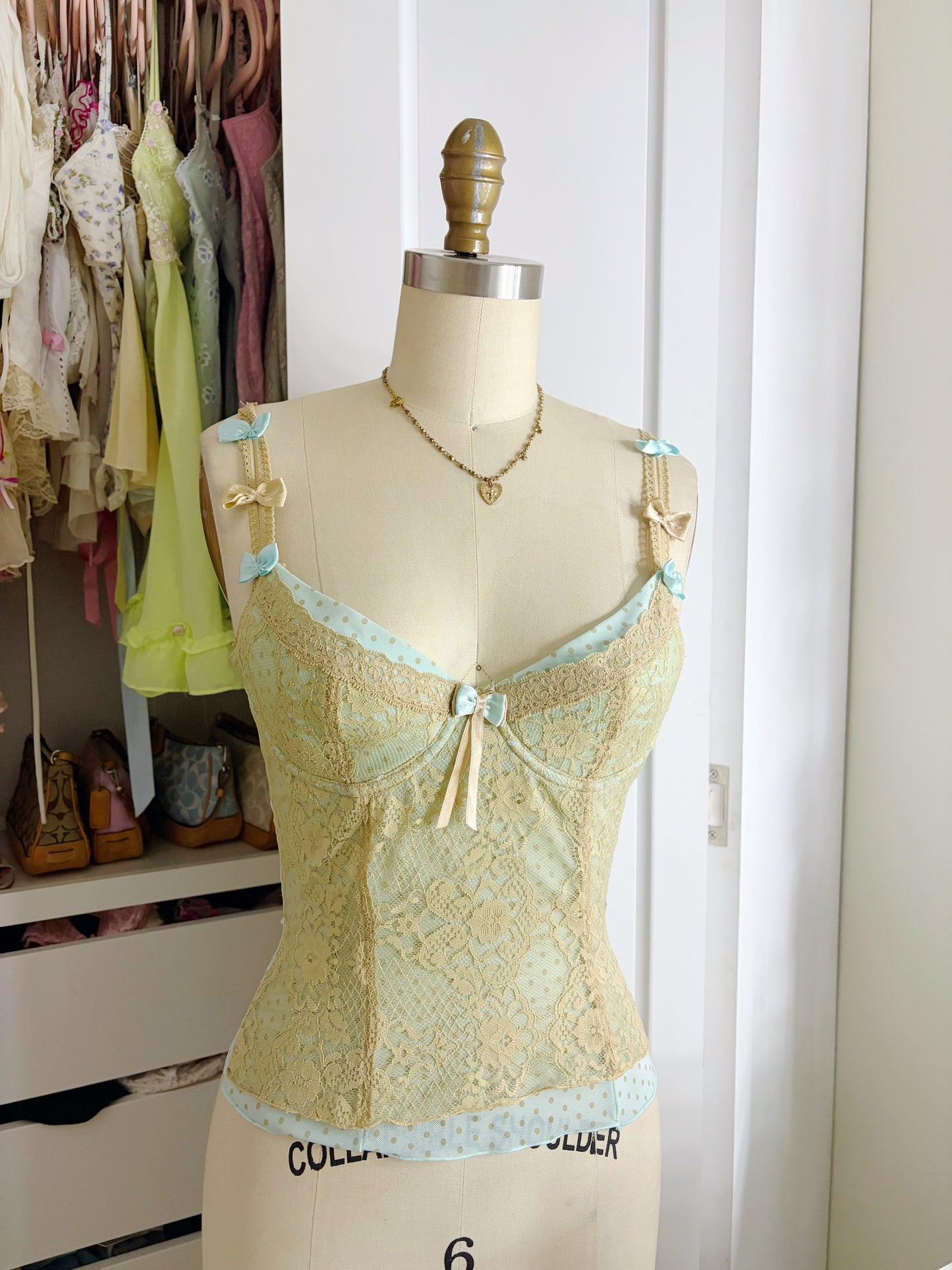 Vintage Mint Blue and Brown Polka Dot Top