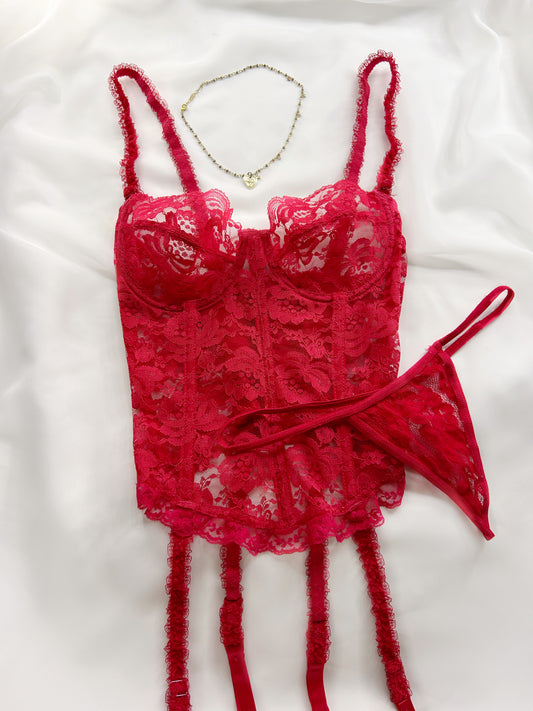 Vintage Red Lace Bustier Set